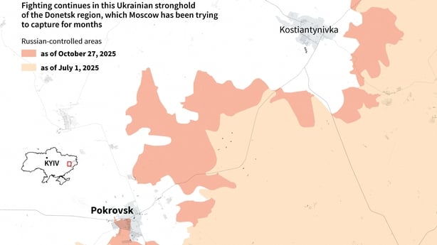 Infographic showing the zones controlled by Russian forces around the eastern Ukrainian city of Pokrovsk
