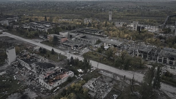 A general aerial view shows the destroyed city of Pokrovsk, Ukraine