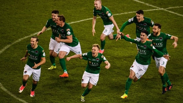 Cork City players celebrate after winning the penalty shoot out during the Irish Daily Mail FAI Senior Cup Final match between Cork City and Dundalk at Aviva Stadium in Dublin. Photo by Sam Barnes/Sportsfile