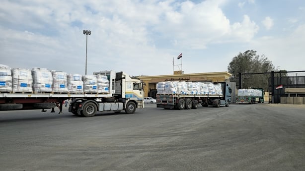 EGYPT - NOVEMBER 04: Convoy of trucks, loaded with humanitarian aid, pass through the Rafah Border Crossing to reach Gaza after the ceasefire agreement on November 04, 2025 in Egypt. (Photo by Ahmed Sayed/Anadolu via Getty Images)