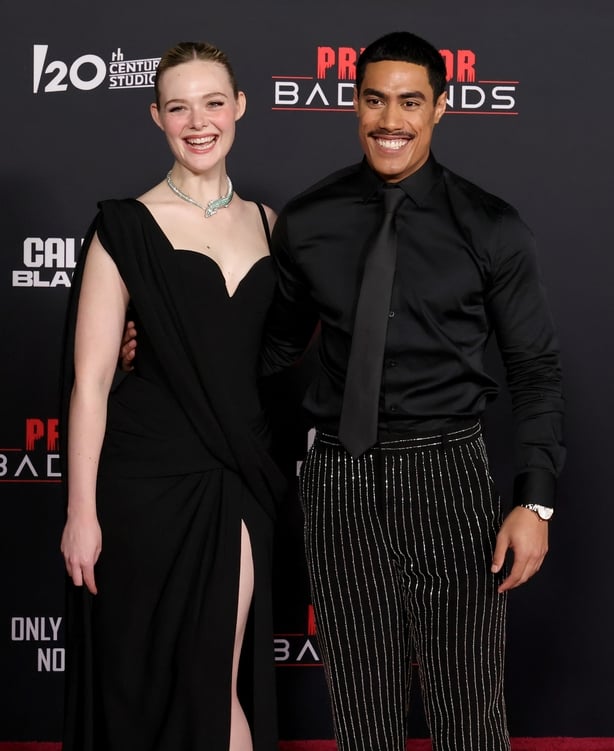 Elle Fanning and Dimitrius Schuster-Koloamatangi arrive at the world premiere of 20th Century Studios' Predator: Badlands at TCL Chinese Theatre on 3 November, 2025 in Hollywood