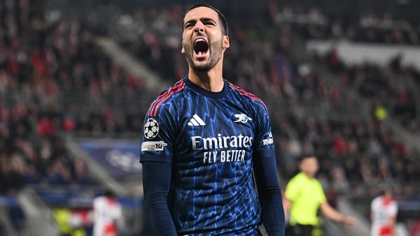 Mikel Merino of Arsenal celebrates scoring his team's third goal during the UEFA Champions League 2025/26 League Phase MD4 match between SK Slavia Praha and Arsenal FC at Eden Arena on November 04, 2025 in Prague, Czech Republic.