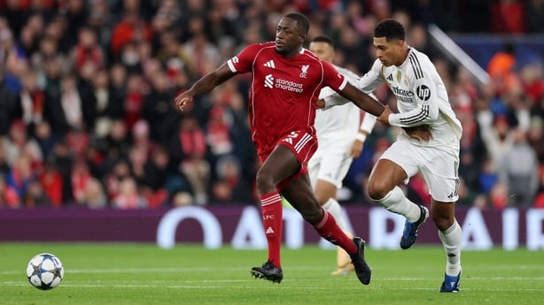 LIVERPOOL, ENGLAND - NOVEMBER 04: Ibrahima Konate of Liverpool is challenged by Jude Bellingham of Real Madrid during the UEFA Champions League 2025/26 League Phase MD4 match between Liverpool FC and Real Madrid C.F. at Anfield on November 04, 2025 in Liverpool, England. (Photo by Michael Regan/Gett