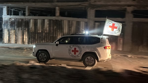 A vehicle of the International Committee of the Red Cross is seen in Gaza City