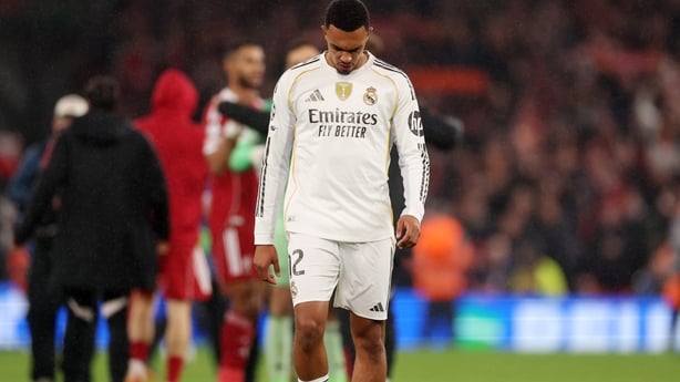 Trent Alexander-Arnold of Real Madrid looks dejected after the team's defeat in the UEFA Champions League 2025/26 League Phase MD4 match between Liverpool FC and Real Madrid C.F. at Anfield on November 04, 2025 in Liverpool, England. 