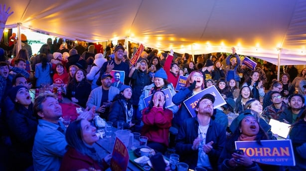 NEW YORK, NEW YORK - NOVEMBER 4: New Yorkers at an Election Night watch party erupt as NY1 projects Zohran Mamdani to win the mayoral election on November 4, 2025 in Queens, New York. The watch party, held at Bohemian Hall & Beer Garden, was one of many watch parties for Mamdani hosted by the New Yo