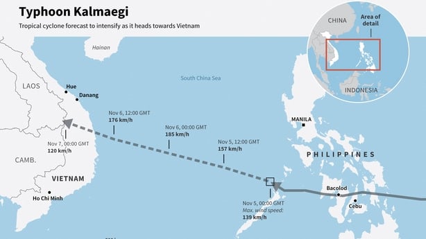 An infographic showing the path of Typhoon Kalmaegi