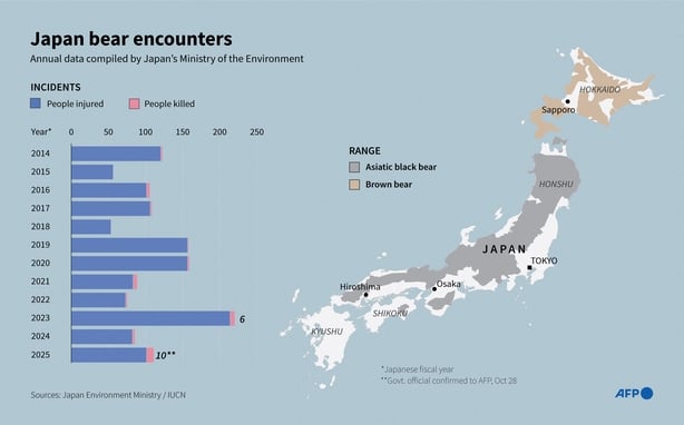 Infographic chart showing bear attacks in Japan since 2014