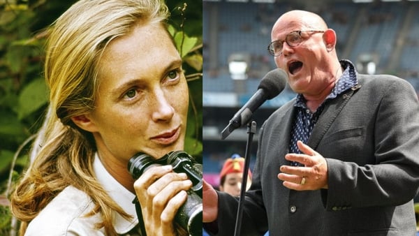 A side by side image of Jane Goodall on the left and Ronan Tynan on the right