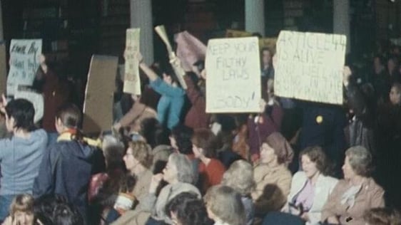 Protestors at the opening of the Council for the Status of Women Forum, RDS (1980)