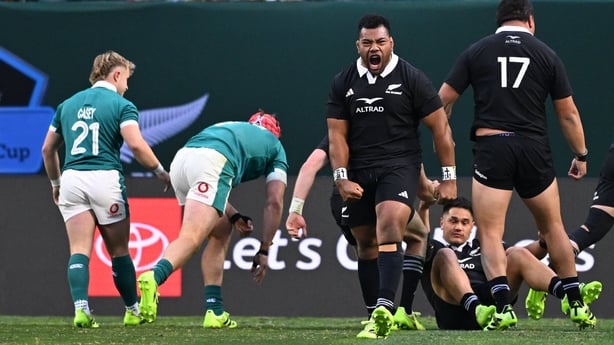 1 November 2025; Samisoni Taukei'aho of New Zealand celebrates as team-mate Cam Roigard, not pictured, scores their side's fourt try during the Gallagher Cup match between Ireland and New Zealand at Soldier Field in Chicago, USA. Photo by Ramsey Cardy/Sportsfile
