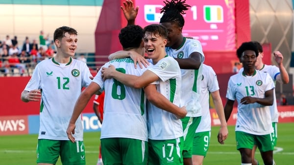 Kian McMahon-Brown of Republic of Ireland celebrates with teammates after scoring their side's second goal during the FIFA Under-17 World Cup Group J match between Panama and Republic of Ireland at Aspire Zone in Doha, Qatar.