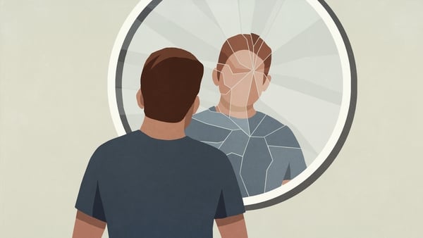 Illustration of a man admiring his own reflection in a broken mirror