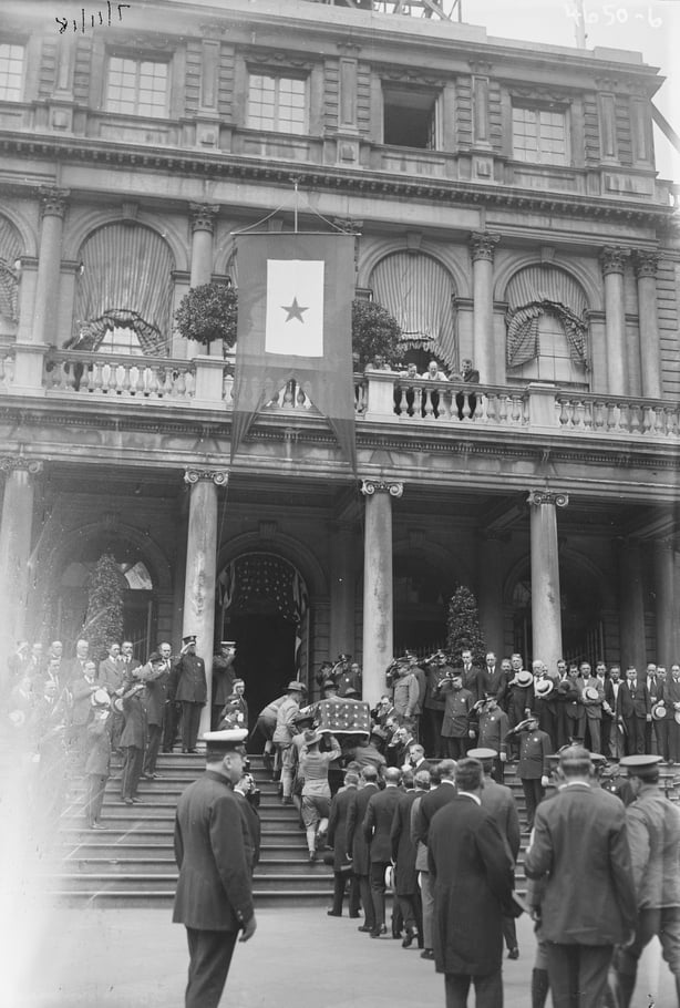 Photograph shows the funeral of John Purroy Mitchel (1879-1918) who served as mayor of New York City from 1914 to 1917