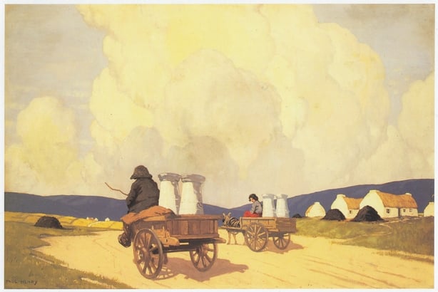 A rejected poster for the Empire Marketing Board designed by artist Paul Henry showing a farmer on the way to the creamery