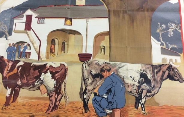 A poster designed by Sean Keating for the Empire Marketing Board showing a farmer milking