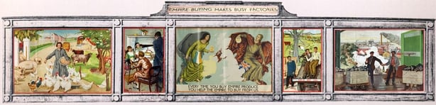 Margaret Clarke's set of five posters commissioned by the EMB, as displayed. Designed to be read like a cartoon strip, they showed, an Irish farm producing eggs, bacon and butter, an English family eating these at breakfast, the centre poster promotes reciprocal trade, the last poster shows an Engli