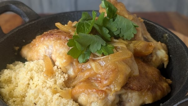 A bowl of apricot chicken and cous cous