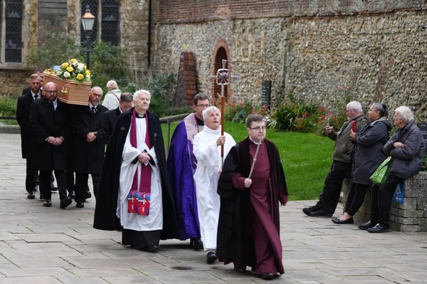 The coffin of Dame Patricia Routledge arrives at Chichester Cathedral, for her funeral service. The actress best known for her comedy role as Hyacinth Bucket in the BBC sitcom Keeping Up Appearances, died in October. Picture date: Wednesday November 5, 2025. PA Photo. Photo credit should read: Ben W