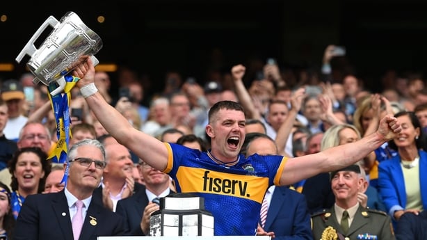 20 July 2025; Tipperary captain Ronan Maher lifts the Liam MacCarthy cup after victory in the GAA Hurling All-Ireland Senior Championship final match between Cork and Tipperary at Croke Park in Dublin. Photo by Stephen McCarthy/Sportsfile