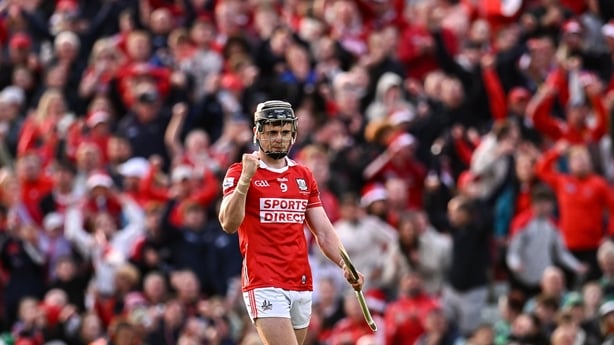 7 June 2025; Darragh Fitzgibbon of Cork celebrates after scoring a point from a '65 in the last place of extra-time to send the match to a penalty shoot-out during the Munster GAA Hurling Senior Championship final match between Limerick and Cork at TUS Gaelic Grounds in Limerick. Photo by Piaras Ó M