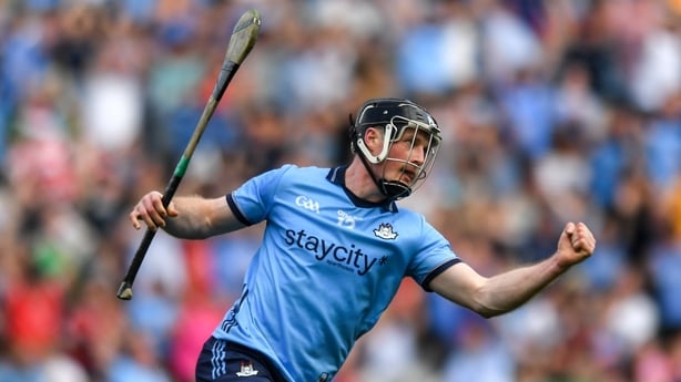 21 June 2025; Cian O'Sullivan of Dublin celebrates after scoring his side's second goal during the GAA Hurling All-Ireland Senior Championship quarter-final match between Dublin and Limerick at Croke Park in Dublin. Photo by John Sheridan/Sportsfile