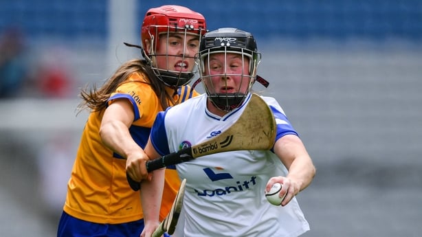 Orla Hickey of Waterford in action against Jennifer Daly of Clare during the Glen Dimplex Senior All-Ireland Camogie Championship quarter-final match between Clare and Waterford at Croke Park in Dublin.