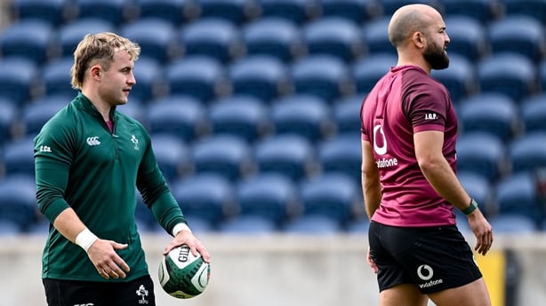 28 October 2025; Craig Casey, left, and Jamison Gibson-Park during Ireland Rugby squad training at SeatGeek Stadium in Chicago, USA. Photo by Ramsey Cardy/Sportsfile