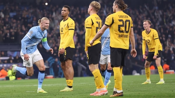 MANCHESTER, ENGLAND - NOVEMBER 05: Erling Haaland of Manchester City celebrates after scoring a goal to make it 2-0 during the UEFA Champions League 2025/26 League Phase MD4 match between Manchester City and Borussia Dortmund at City of Manchester Stadium