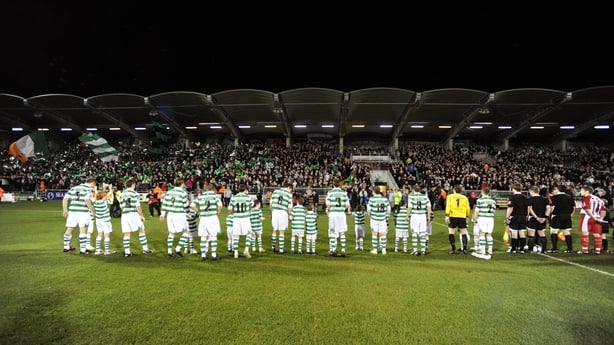 Shamrock Rovers players line up in front of the main stand before the game against Sligo Rovers - Tallaght Stadium 2009