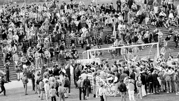 Shamrock Rovers supporters and members of KRAM, Keep Rovers At Miltown, protest on the pitch after the final match to be played at the venue in 1987