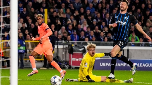Lamine Yamal of FC Barcelona scores his team's second goal past Nordin Jackers of Club Brugge during the UEFA Champions League 2025/26 League Phase MD4 match between Club Brugge KV and FC Barcelona at Jan Breydelstadion on November 5, 2025 in Bruges, Belg
