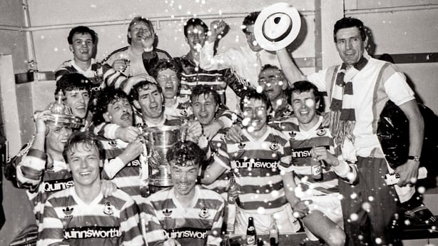 26 April 1987; Shamrock Rovers players celebrate with the cup after the FAI Cup Final match between Shamrock Rovers and Dundalk at Dalymount Park, Dublin. Photo by Ray McManus/Sportsfile