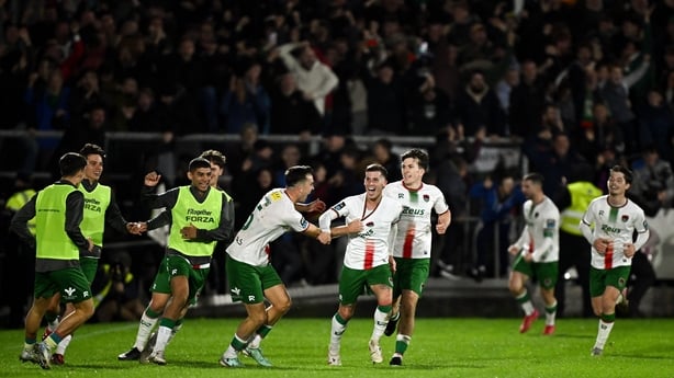 3 October 2025; Evan McLaughlin of Cork City, centre, celebrates with teammates after scoring their side's third goal during the Sports Direct Men's FAI Cup semi-final match between Cork City and St Patrick's Athletic at Turner's Cross in Cork. Photo by Seb Daly/Sportsfile