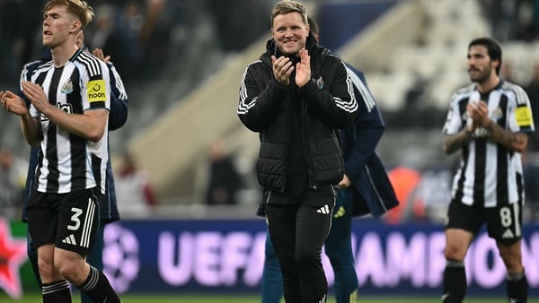 Newcastle United's English head coach Eddie Howe applauds the fans