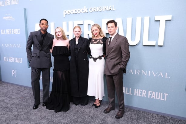 NEW YORK, NEW YORK - NOVEMBER 03: (L-R) Jay Ellis, Dakota Fanning, Sarah Snook, Abby Elliott and Jake Lacy attend Peacock's "All Her Fault" premiere at SVA Theater on November 03, 2025 in New York City. (Photo by Michael Loccisano/Getty Images)