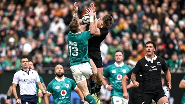 1 November 2025; Garry Ringrose of Ireland in action against Beauden Barrett of New Zealand during the Gallagher Cup match between Ireland and New Zealand at Soldier Field in Chicago, USA. Photo by Ramsey Cardy/Sportsfile