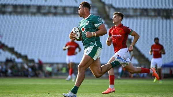 12 July 2025; Shayne Bolton of Ireland on his way to scoring his side's fourth try during the International Rugby Test match between Portugal and Ireland at Estádio Nacional do Jamor in Lisbon, Portugal. Photo by David Fitzgerald/Sportsfile