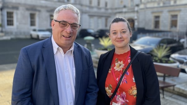 Sinn Fein TD Aengus O Snodaigh and comedian Ailish McCarthy speaking at Leinster House, Dublin, about being excluded from the list of professions in the Arts Bill