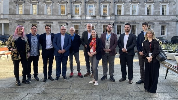 Sinn Fein TD Aengus O Snodaigh and comedian Ailish McCarthy speaking at Leinster House, Dublin, about being excluded from the list of professions in the Arts Bill