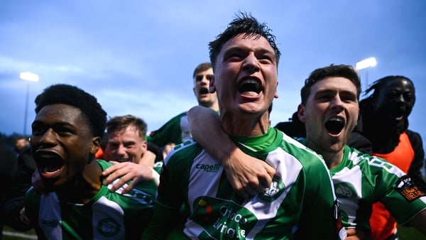 2 November 2025; Bray Wanderers players, including winning goalscorer Justin Ferizaj, centre, celebrate after the SSE Airtricity Men's First Division play-off final match between Bray Wanderers and Treaty United at Athlone Town Stadium in Westmeath. Photo