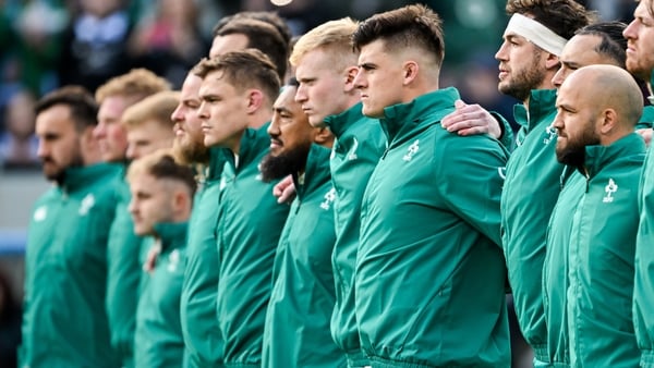 1 November 2025; Dan Sheehan and Caelan Doris face the Haka with their Ireland teammates before the Gallagher Cup match between Ireland and New Zealand at Soldier Field in Chicago, USA. Photo by Ramsey Cardy/Sportsfile