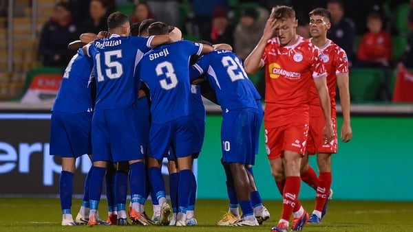 Drita players celebrate Alamir Ajzeraj's goal against Shelbourne