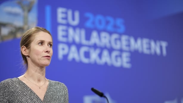 Kaja Kallas is talking to the media in the Berlaymont, the EU Commission headquarter 