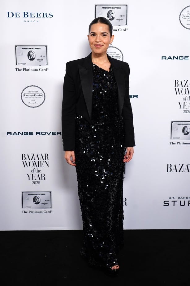 America Ferrera wearing a black sequin suit