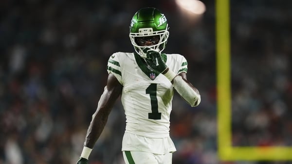 Sauce Gardner #1 of the New York Jets defends against the Miami Dolphins during an NFL football game at Hard Rock Stadium on September 29, 2025 in Miami Gardens, Florida. (Photo by Cooper Neill/Getty Images)