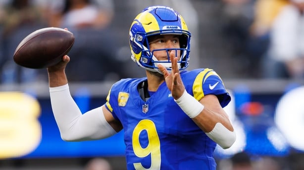 Matthew Stafford #9 of the Los Angeles Rams throws a pass during the third quarter of an NFL football game against the New Orleans Saints at SoFi Stadium on November 02, 2025 in Inglewood, California. (Photo by Brooke Sutton/Getty Images)