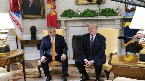 Viktor Orbán and Donald Trump sit side by side in the Oval Office