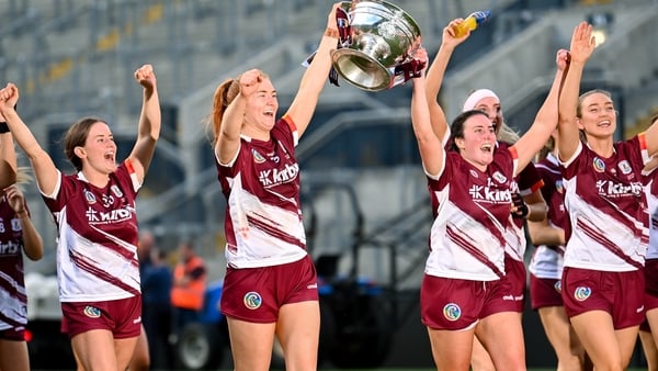10 August 2025; Roisin Black, left, and Ailish O’Reilly of Galway with The O'Duffy Cup after the Glen Dimplex All-Ireland Senior Camogie Championship final match between Cork and Galway at Croke Park in Dublin. Photo by Ramsey Cardy/Sportsfile