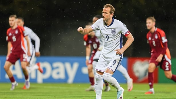 RIGA, LATVIA - 2025/10/14: Harry Kane of England celebrates after scoring a goal during European World Cup Qualifiers 2026 football match between Latvia and England at Daugavas Stadions. Final score; Latvia 0 : 5 England. (Photo by Grzegorz Wajda/SOPA Images/LightRocket via Getty Images)